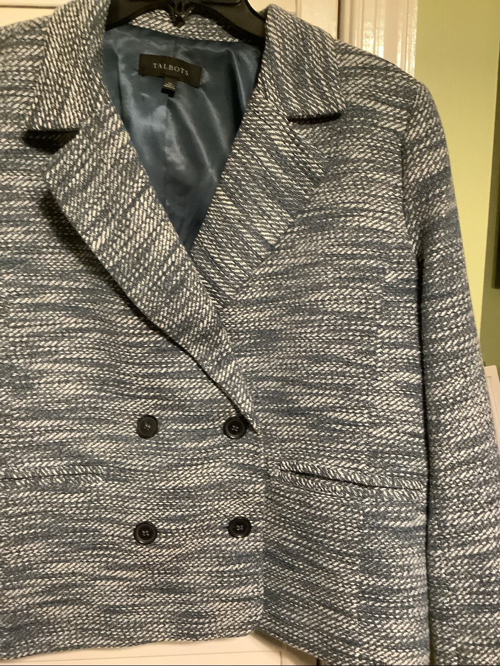 Talbots Blue & Gray Textured Tweed Double-Breasted Blazer